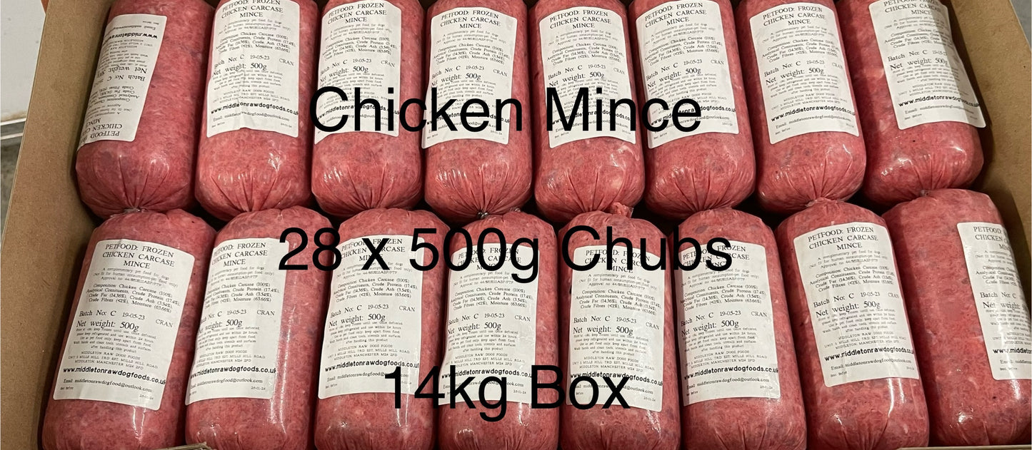 Dog Food Frozen Chicken Mince 28 x 500g Chubs 14kg Box. BARF Raw Diet - rawbarffood.co.uk