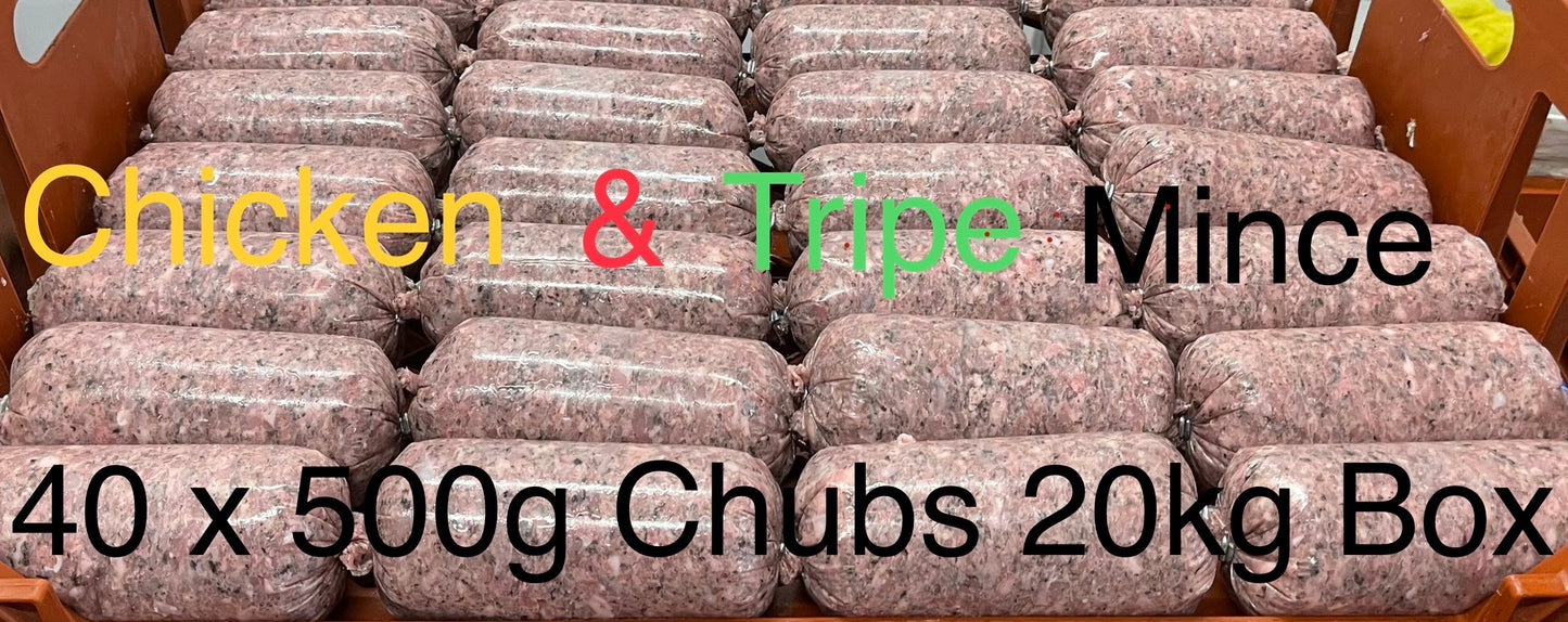 Frozen Minced Green Tripe & chicken 40x500g Chubs 20KG BOX - rawbarffood.co.uk