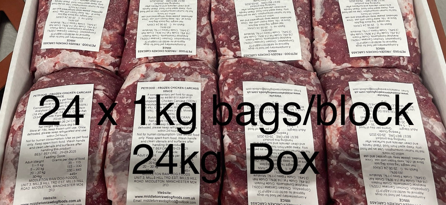 Dog Food Frozen Chicken Mince 24 x 1kg Hand packed Bags/Blocks 24kg box. - rawbarffood.co.uk