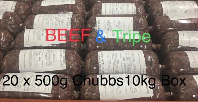 Frozen Dog Food BEEF & TRIPE 20 x 500g Chubs 10kg Box RAW DIET - rawbarffood.co.uk